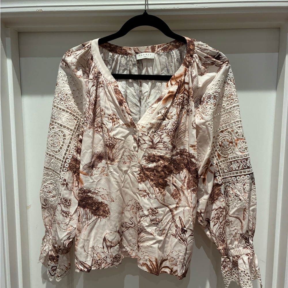 Sandro Pink and Brown Floral blouse with lace detail